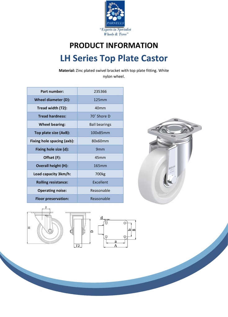 LH series 125mm swivel top plate 100x85mm castor with nylon ball bearing wheel 700kg - Spec Sheet