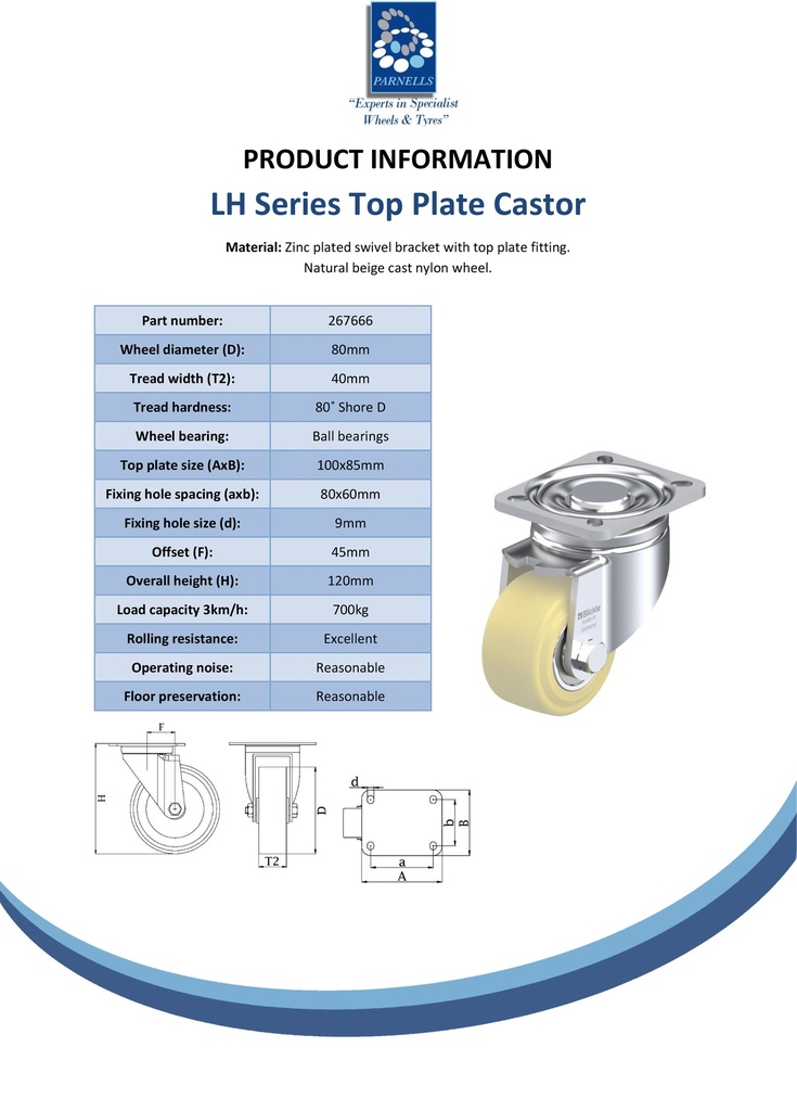 LH series 80mm swivel top plate 100x85mm castor with cast nylon ball bearing wheel 700kg - Spec Sheet