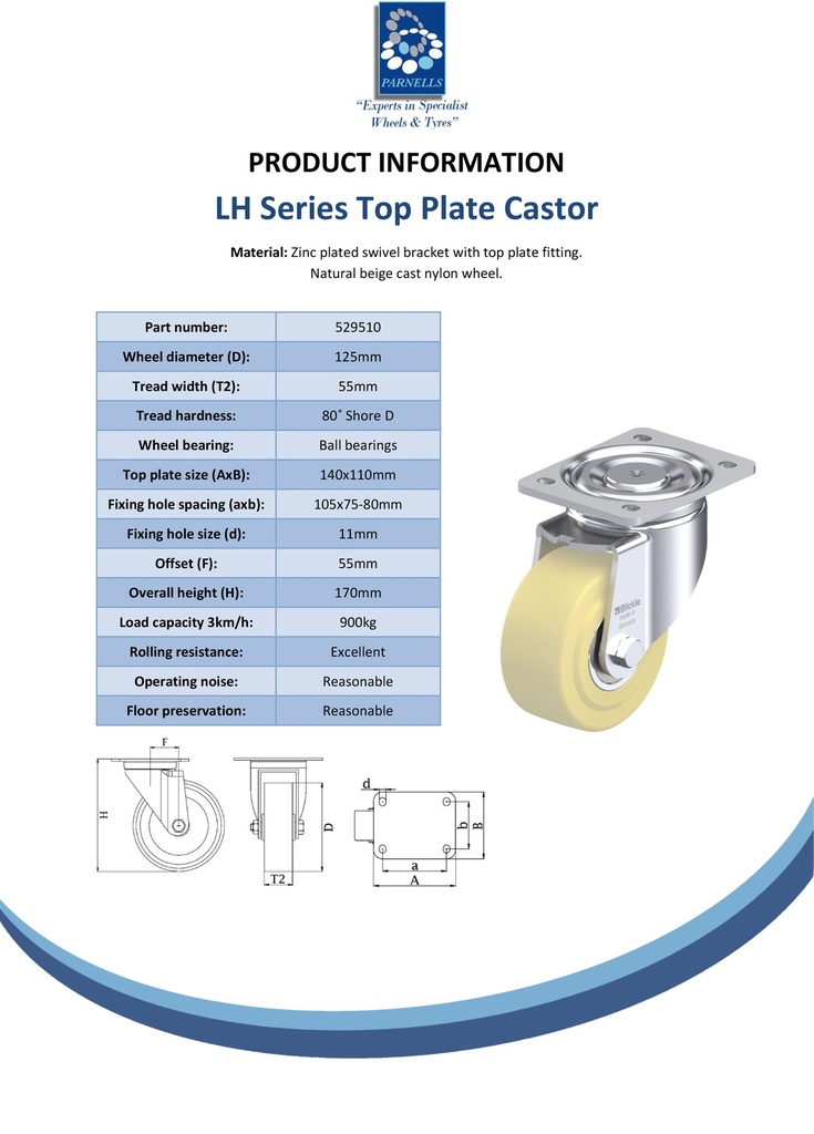 LH series 125mm swivel top plate 140x110mm castor with cast nylon ball bearing wheel 900kg - Spec sheet