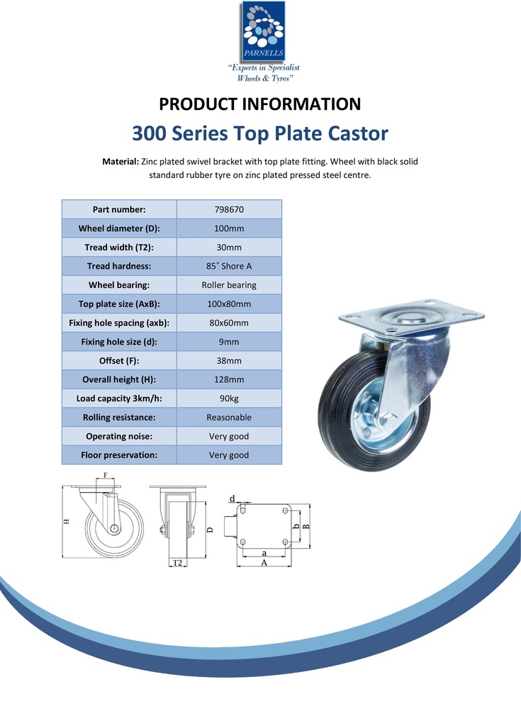 300 series 100mm swivel top plate 100x80mm castor with black rubber on pressed steel centre roller bearing wheel 90kg - Spec Sheet