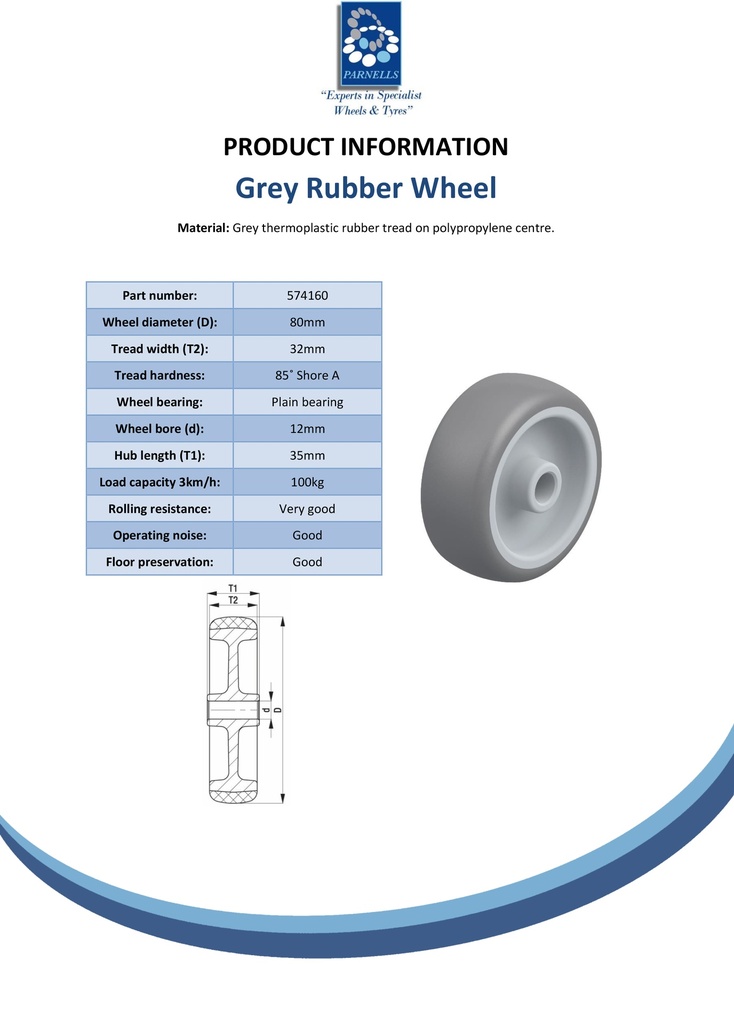 Wheel series 80mm grey TPR-rubber on polypropylene centre 12mm bore hub length 35mm plain bearing 100kg - Spec Sheet