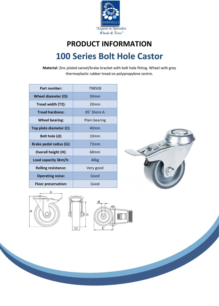 100 series 50mm swivel/brake bolt hole 10mm castor with grey TPR-rubber on polypropylene centre plain bearing wheel 40kg - Spec Sheet