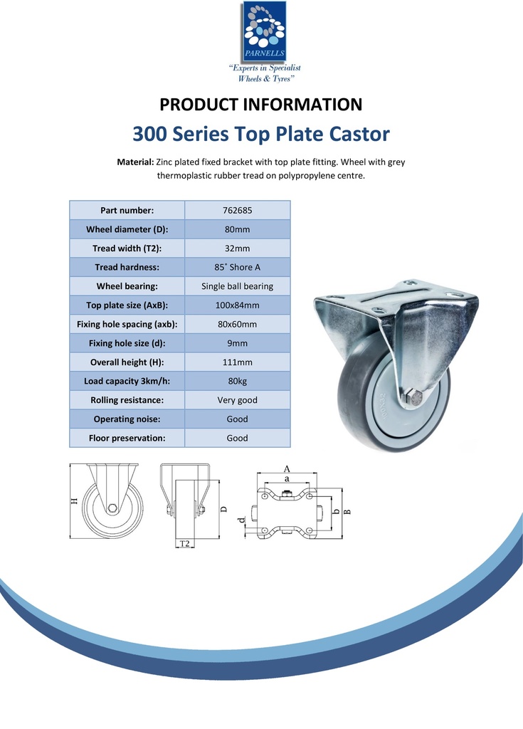 300 series 80mm fixed top plate 100x84mm castor with grey TPR-rubber on polypropylene centre ball bearing wheel 80kg - Spec Sheet