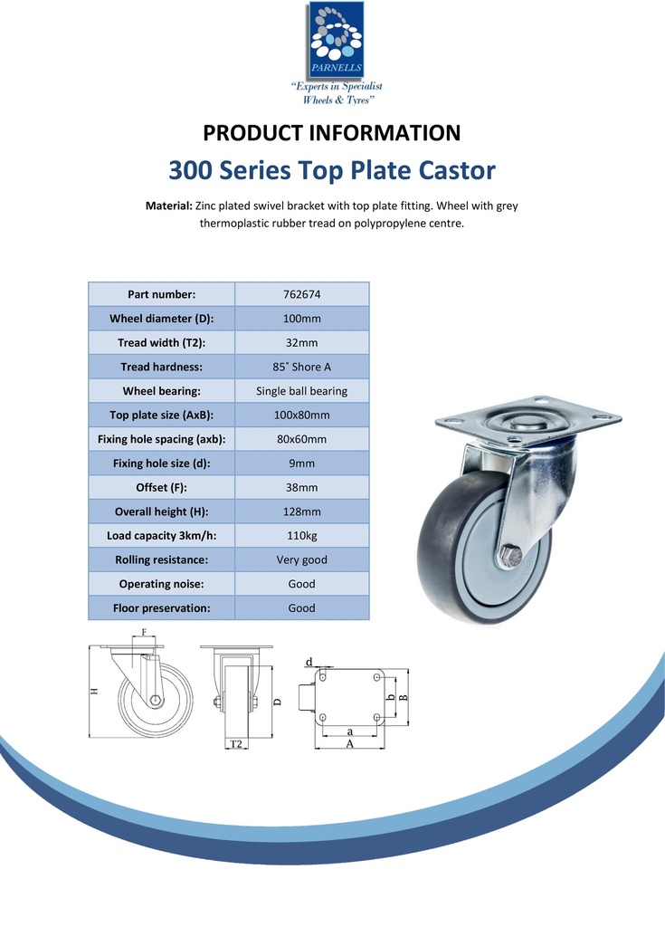 300 series 100mm swivel top plate 100x80mm castor with grey TPR-rubber on polypropylene centre ball bearing wheel 110kg - Spec Sheet