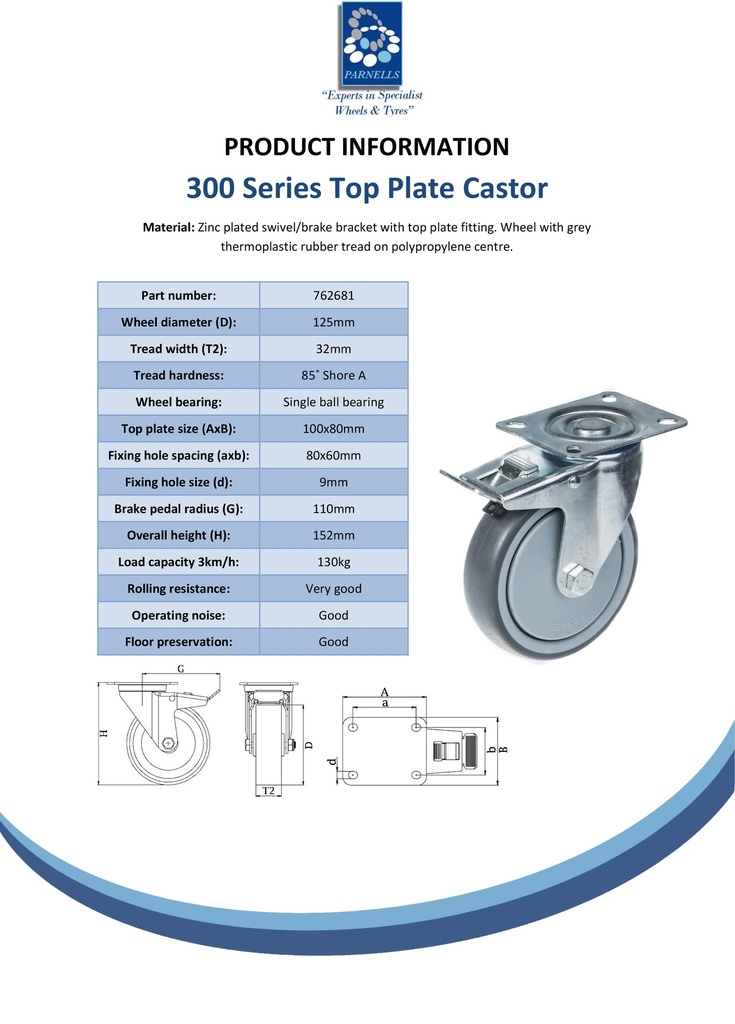 300 series 125mm swivel/brake top plate 100x80mm castor with grey TPR-rubber on polypropylene centre ball bearing wheel 130kg - Spec Sheet