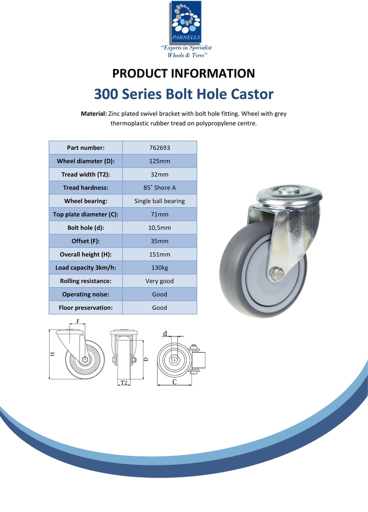 300 series 125mm swivel bolt hole 10,5mm castor with grey TPR-rubber on polypropylene centre ball bearing wheel 130kg - Spec Sheet