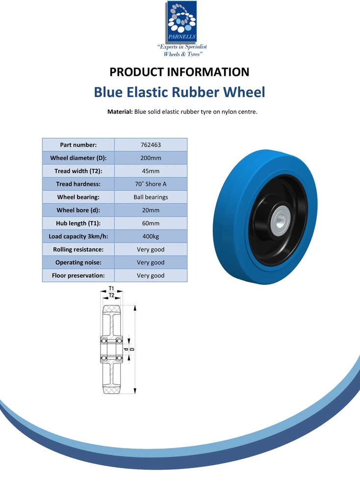 Wheel series 200mm blue elastic rubber on nylon centre 20mm bore hub length 60mm ball bearing 400kg - Spec Sheet