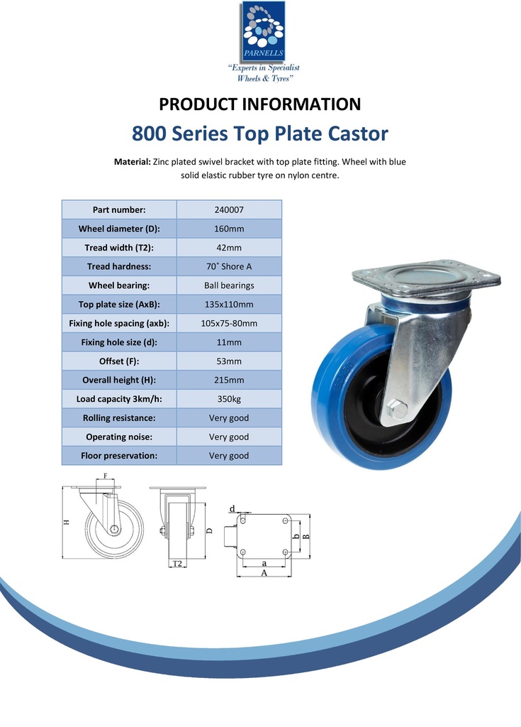 800 series 160mm swivel top plate 135x110mm castor with blue elastic rubber on nylon centre ball bearing wheel 350kg - Spec Sheet