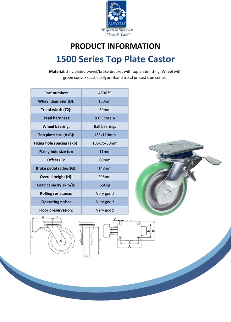 1500 series 160mm swivel/brake top plate 135x110mm castor with green convex elastic polyurethane on cast iron centre ball bearing wheel 550kg - Spec sheet