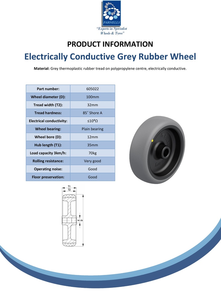 Wheel series 100mm electrically conductive grey TPR-rubber on polypropylene centre 12mm bore hub length 35mm plain bearing 70kg - Spec sheet