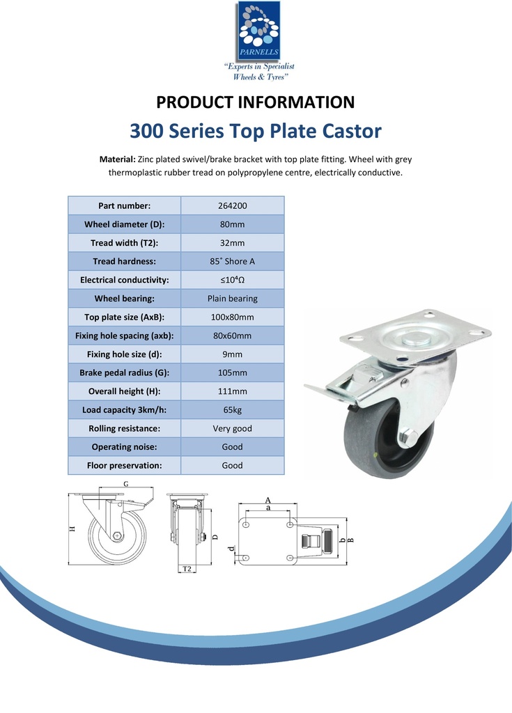 300 series 80mm swivel/brake top plate 100x80mm castor with electrically conductive grey TPR-rubber on a polypropylene centre plain bearing wheel 65kg - Spec sheet