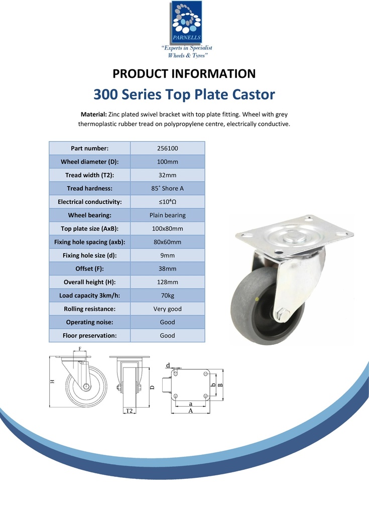 300 series 100mm swivel top plate 100x80mm castor with electrically conductive grey TPR-rubber on polypropylene centre plain bearing wheel 70kg - Spec sheet