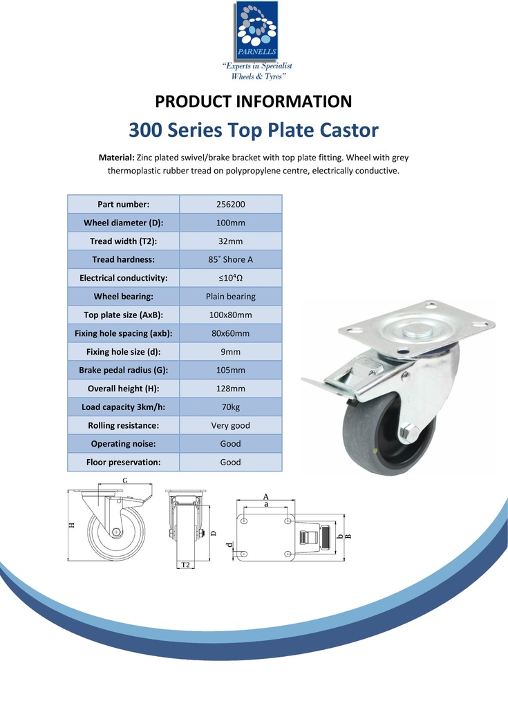 300 series 100mm swivel/brake top plate 100x80mm castor with electrically conductive grey TPR-rubber on polypropylene centre plain bearing wheel 70kg - Spec sheet