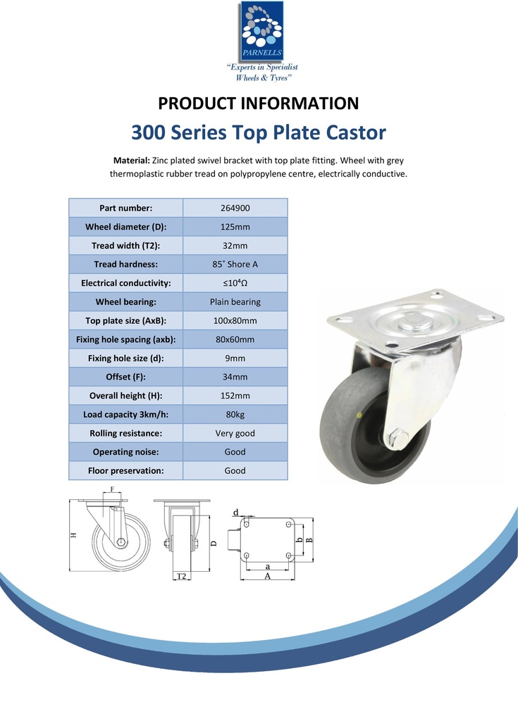 300 series 125mm swivel top plate 100x80mm castor with electrically conductive grey TPR-rubber on polypropylene centre single ball bearing wheel 80kg - Spec sheet