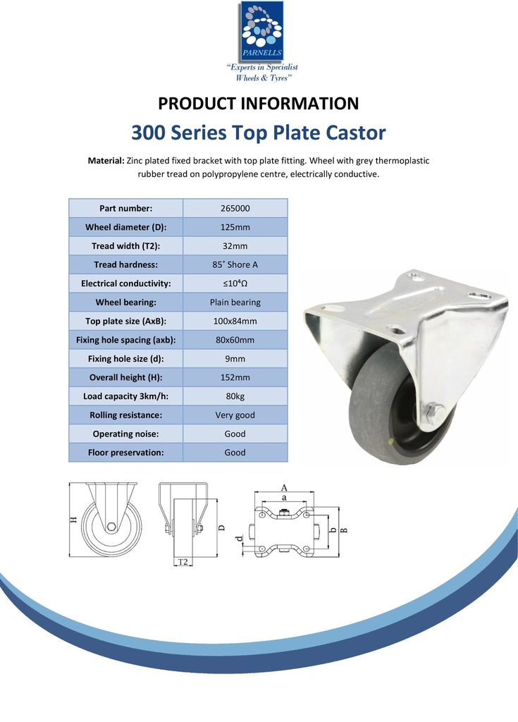 300 series 125mm fixed top plate 100x84mm castor with electrically conductive grey TPR-rubber on polypropylene centre plain bore wheel 80kg - Spec sheet