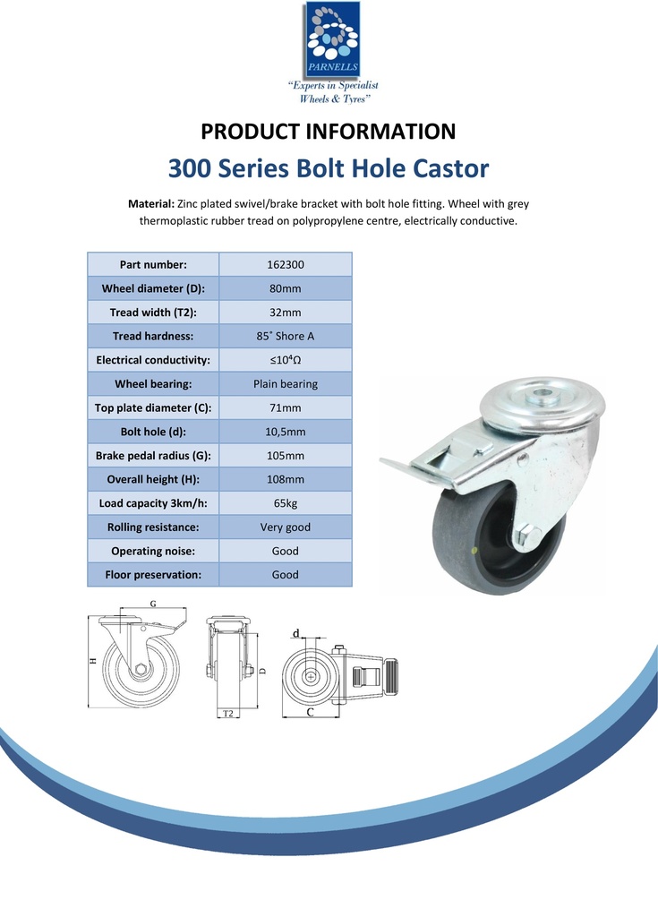 300 series 80mm swivel/brake bolt hole 10.5mm castor with electrically conductive grey TPR-rubber on a polypropylene centre plain bearing wheel 65kg - Spec sheet