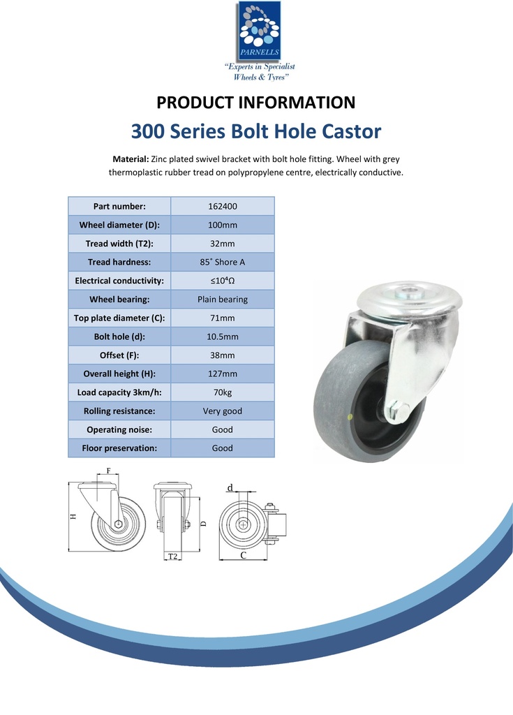 300 series 100mm swivel bolt hole 10.5mm castor with electrically conductive grey TPR-rubber on polypropylene centre plain bearing wheel 70kg - Spec sheet