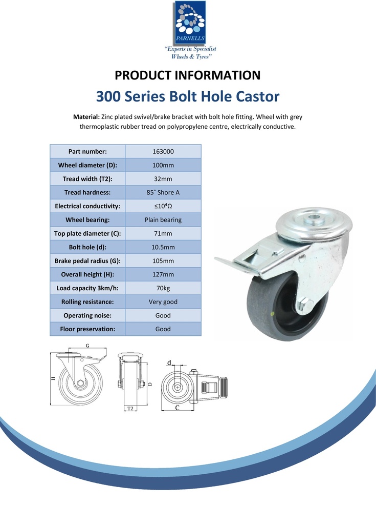 300 series 100mm swivel/brake bolt hole 10.5mm castor with electrically conductive grey TPR-rubber on a polypropylene centre plain bearing wheel 70kg - Spec sheet