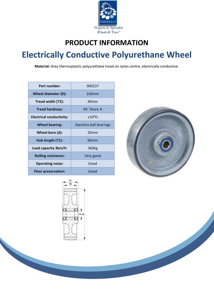 Wheel series 160mm electrically conductive grey polyurethane on nylon centre 20mm bore hub length 60mm stainless steel ball bearing 360kg - Spec sheet