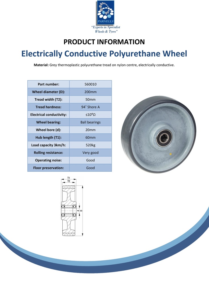 Wheel series 200mm electrically conductive grey polyurethane on nylon centre 20mm bore hub length 60mm ball bearing 700kg - Spec sheet