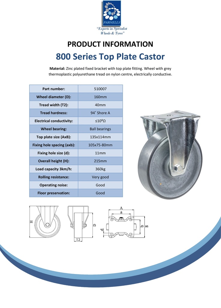 800 series 160mm fixed top plate 135x114mm castor with electrically conductive grey polyurethane on nylon centre ball bearing wheel 550kg - Spec sheet