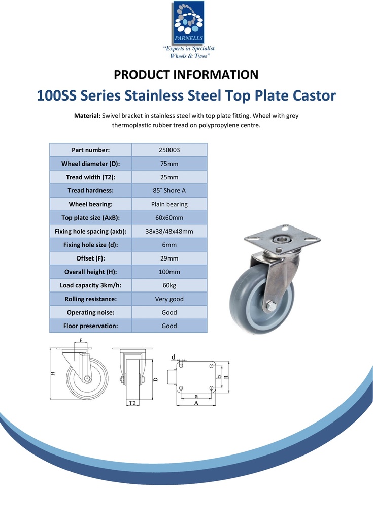 100SS series 75mm stainless steel swivel top plate 60x60mm castor with grey TPR-rubber on polypropylene centre plain bearing wheel 60kg - Spec sheet