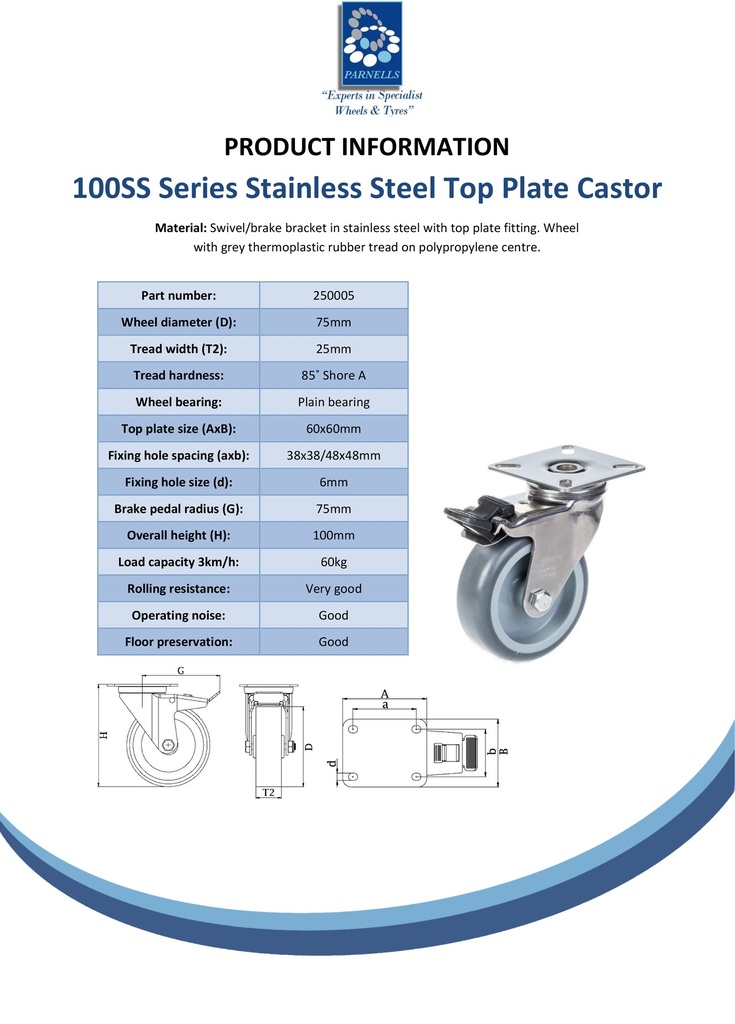 100SS series 75mm stainless steel swivel/brake top plate 60x60mm castor with grey TPR-rubber on polypropylene centre plain bearing wheel 60kg - Spec sheet