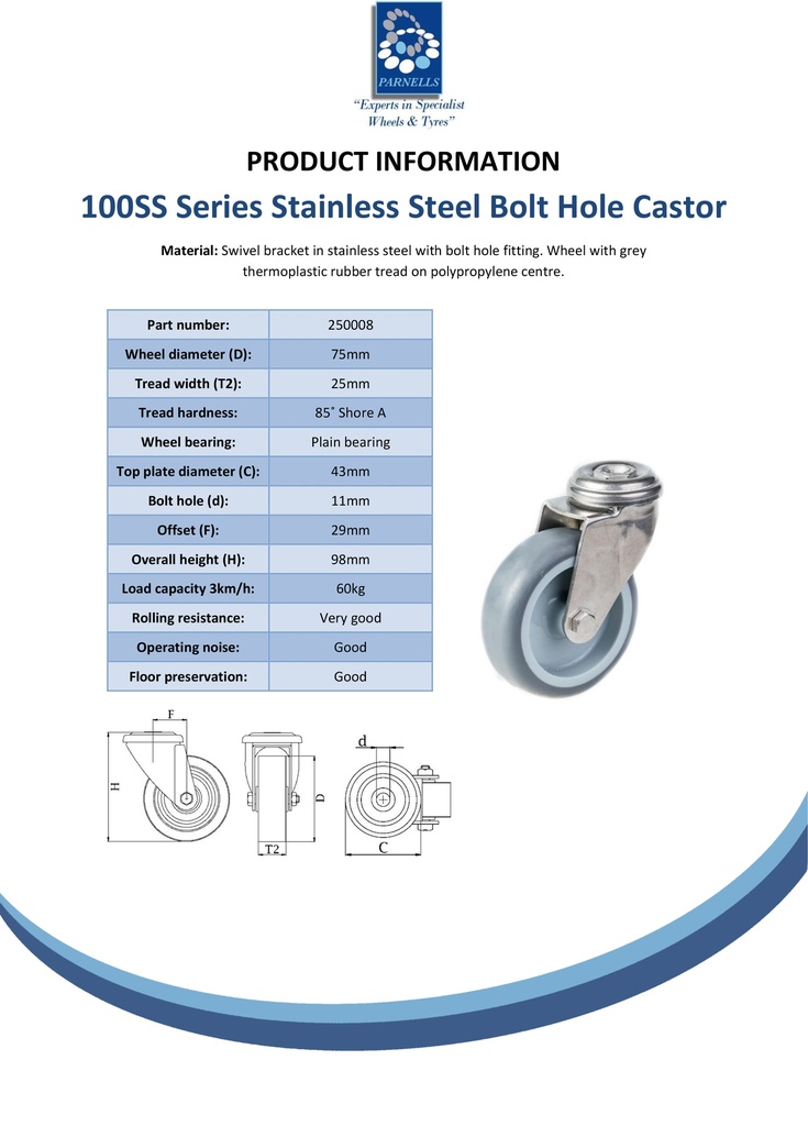 100SS series 75mm stainless steel swivel bolt hole 11mm castor with grey TPR-rubber on polypropylene centre plain bearing wheel 60kg - Spec sheet