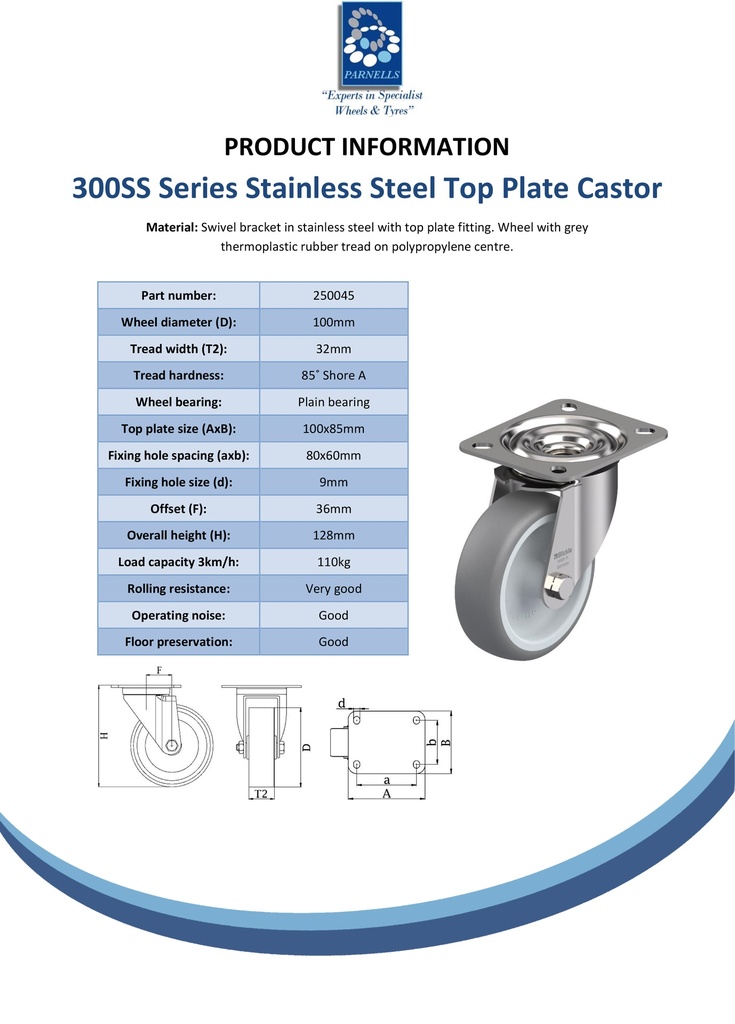 300SS series 100mm stainless steel swivel top plate 100x85mm castor with grey TPR-rubber on polypropylene centre plain bearing wheel 110kg - Spec sheet