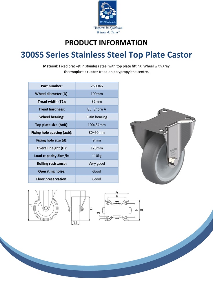 300SS series 100mm stainless steel fixed top plate 100x84mm castor with grey TPR-rubber on polypropylene centre plain bearing wheel 110kg - Spec sheet