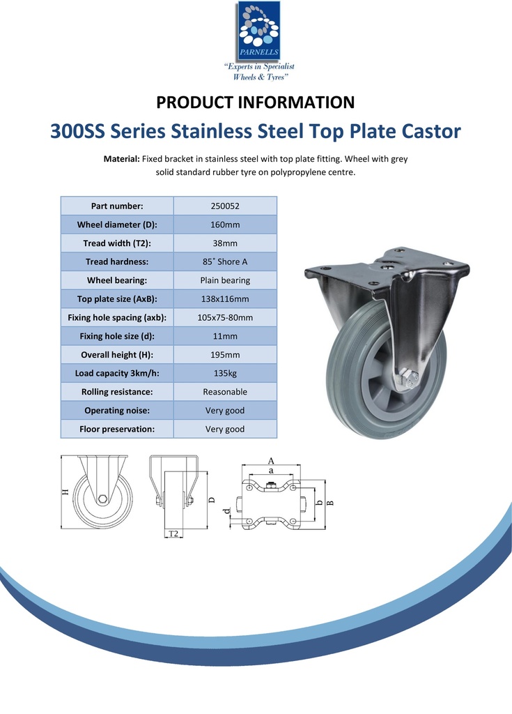 300SS series 160mm stainless steel fixed top plate 138x116mm castor with grey rubber on polypropylene centre plain bearing wheel 135kg - Spec sheet