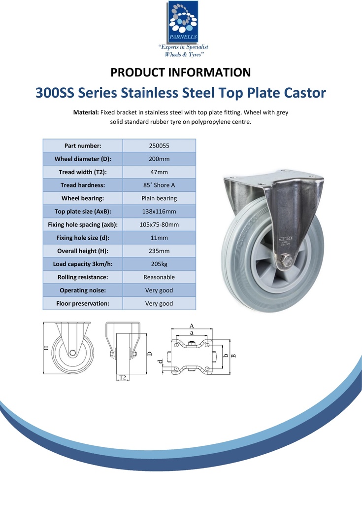 300SS series 200mm stainless steel fixed top plate 138x116mm castor with grey rubber on polypropylene centre plain bearing wheel 205kg - Spec sheet