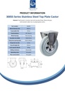 300SS series 200mm stainless steel fixed top plate 138x116mm castor with grey rubber on polypropylene centre plain bearing wheel 205kg - Spec sheet