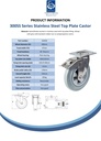 300SS series 200mm stainless steel swivel/brake top plate 140x110mm castor with grey rubber on polypropylene centre plain bearing wheel 205kg - Spec sheet