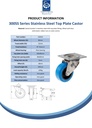 300SS series 80mm stainless steel swivel top plate 100x85mm castor with blue elastic rubber on nylon centre plain bearing wheel 140kg - Spec sheet