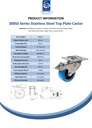 300SS series 80mm stainless steel swivel/brake top plate 100x85mm castor with blue elastic rubber on nylon centre plain bearing wheel 140kg - Spec sheet