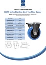 300SS series 160mm stainless steel fixed top plate 138x116mm castor with blue elastic rubber on nylon centre stainless steel roller bearing wheel 300kg - Spec sheet