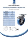 300SS series 200mm stainless steel swivel/brake top plate 140x110mm castor with blue elastic rubber on nylon centre stainless steel roller bearing wheel 300kg - Spec sheet