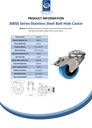 300SS series 80mm stainless steel swivel/brake bolt hole 13mm castor with blue elastic rubber on nylon centre plain bearing wheel 140kg - Spec sheet