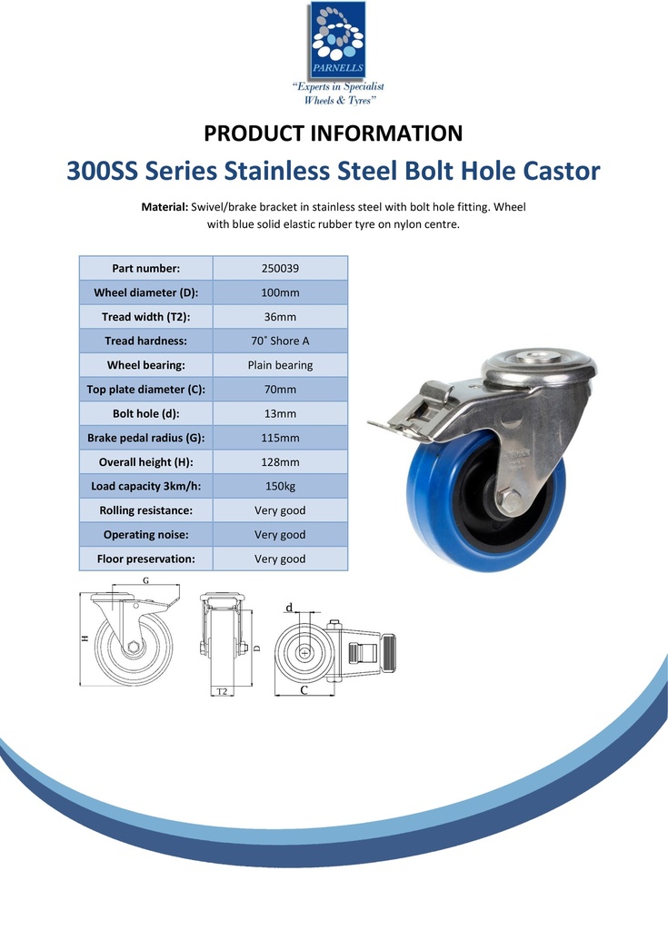 300SS series 100mm stainless steel swivel/brake bolt hole 13mm castor with blue elastic rubber on nylon centre plain bearing wheel 150kg - Spec sheet