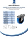 300SS series 125mm stainless steel swivel/brake bolt hole 13mm castor blue elastic rubber on nylon centre stainless steel roller bearing wheel 150kg - Spec sheet