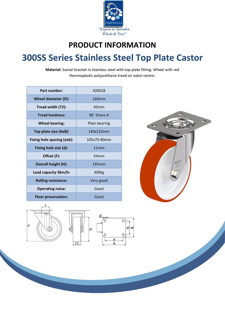 300SS series 160mm stainless steel swivel top plate 140x110mm castor with polyurethane on nylon centre plain bearing wheel 300kg - Spec sheet