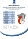 300SS series 160mm stainless steel fixed top plate 138x116mm castor with polyurethane on nylon centre plain bearing wheel 300kg - Spec sheet