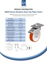 300SS series 160mm stainless steel swivel/brake top plate 140x110mm castor with polyurethane on nylon centre plain bearing wheel 300kg - Spec sheet