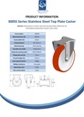 300SS series 200mm stainless steel fixed top plate 138x116mm castor with polyurethane on nylon centre plain bearing wheel 300kg - Spec sheet