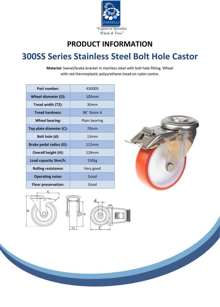 300SS series 100mm stainless steel swivel/brake bolt hole 12mm castor with polyurethane on nylon centre plain bearing wheel 150kg - Spec sheet