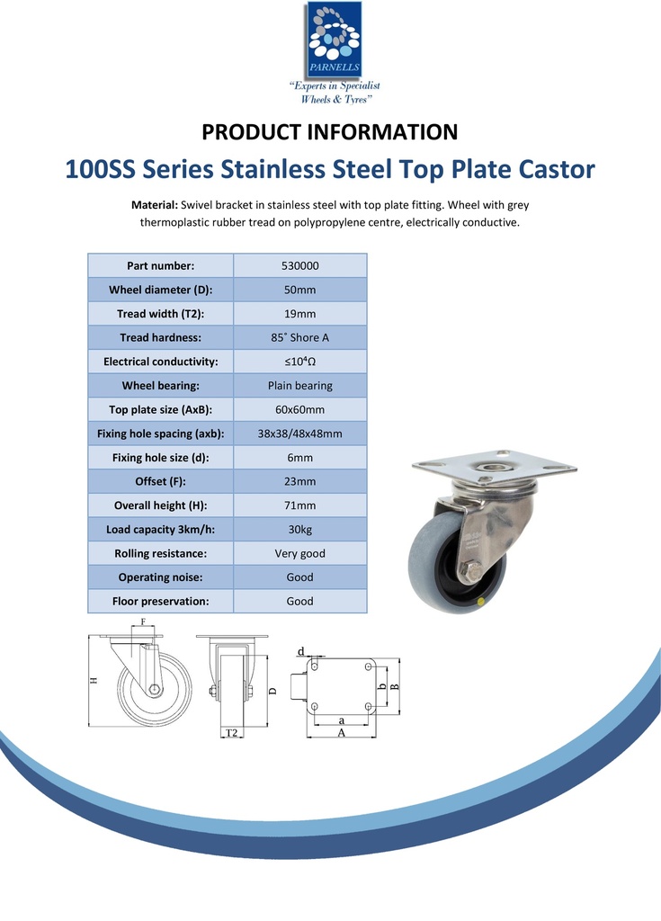 100SS series 50mm stainless steel swivel top plate 60x60mm castor with electrically conductive grey TPR-rubber on polypropylene centre plain bearing wheel 30kg - Spec sheet