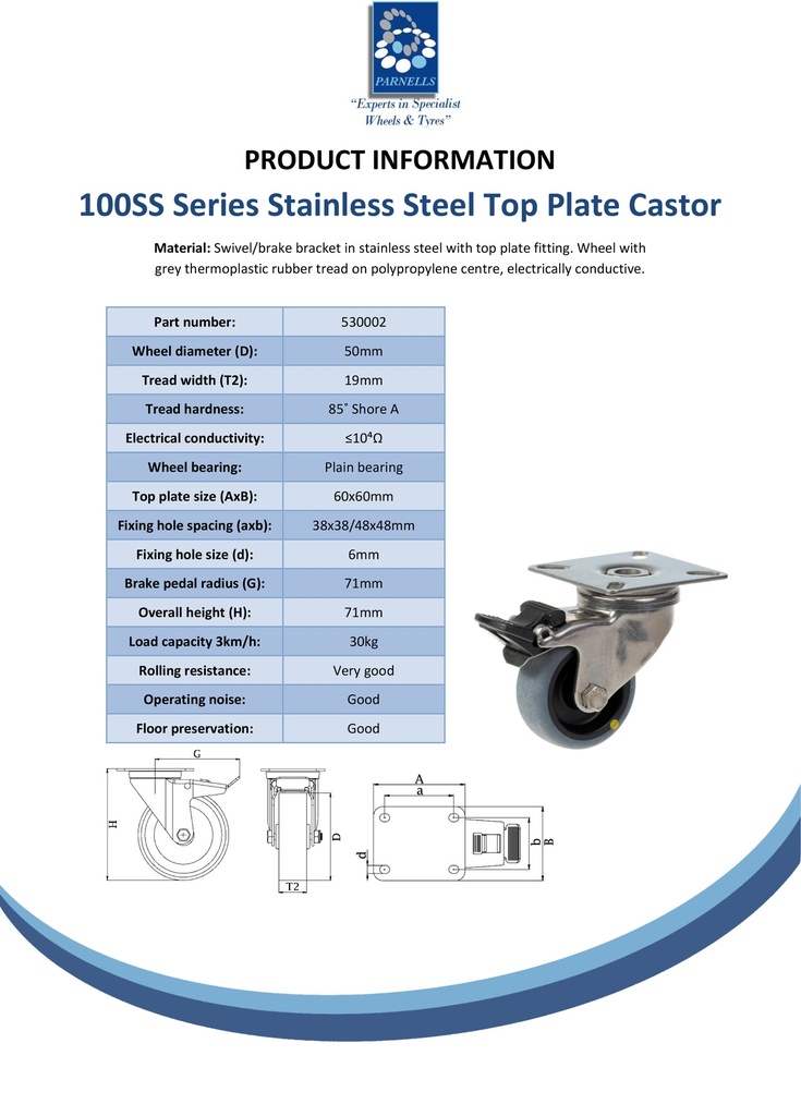 100SS series 50mm stainless steel swivel/brake top plate 60x60mm castor with electrically conductive grey TPR-rubber on polypropylene centre plain bearing wheel 30kg - Spec sheet