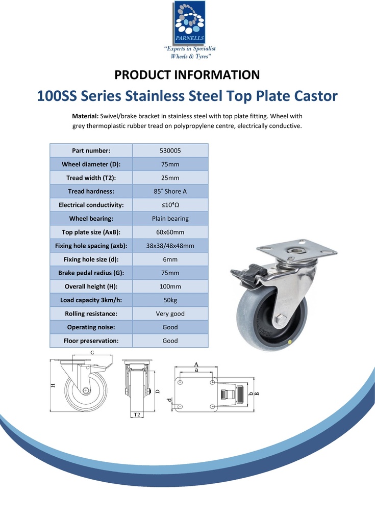 100SS series 75mm stainless steel swivel/brake top plate 60x60mm castor with electrically conductive grey TPR-rubber on polypropylene centre plain bearing wheel 50kg - Spec sheet