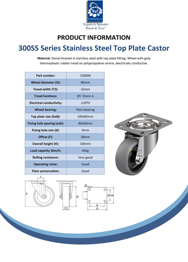 300SS series 80mm stainless steel swivel top plate 100x85mm castor with electrically conductive grey TPR-rubber on polypropylene centre plain bearing wheel 65kg - Spec sheet